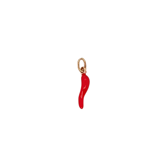 9K Yellow Gold Hollow Corno Horn with Red Enamel Pendant 14mm.