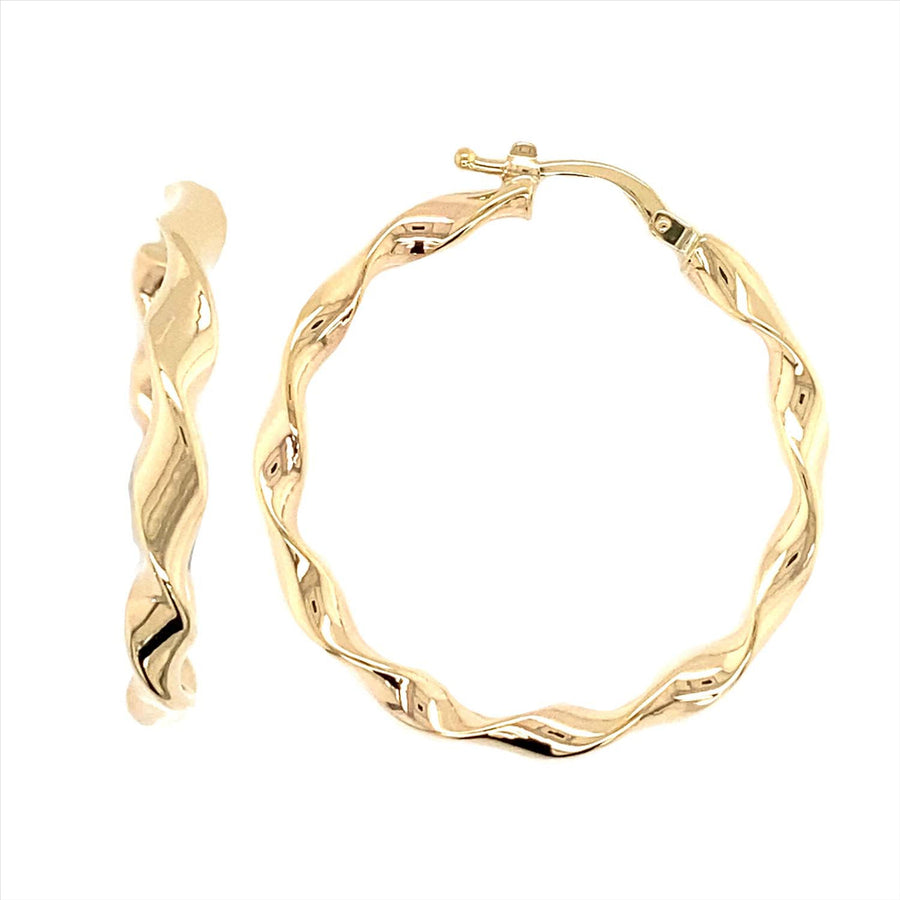 9k YG Round Twist Hoop Earrings 15mm Diameter 3mm Wide