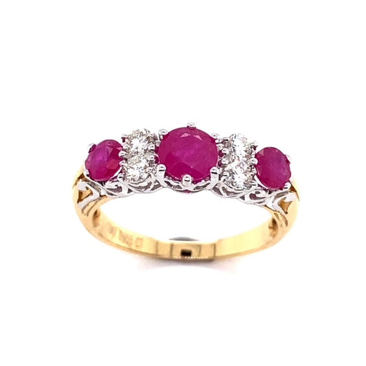 18k Natural Ruby & Diamond Ring 3Ru=1.3ct & 4D=0.26ct