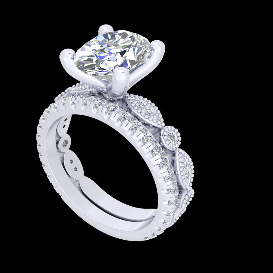 "Anabelle" 9k WG 8mm (2ct) CZ Princess Cut Solitare Ring with bespoke marquise illusion and bezel set stones on band. Size N