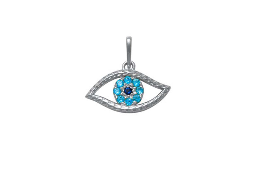 9k WG Solid CZ Eye Pendant set with Blue CZs in centre 15mm x 7mm