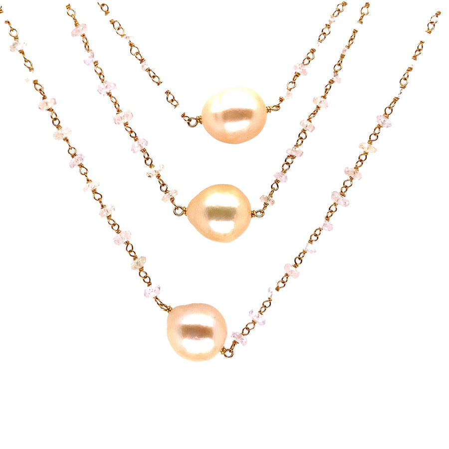 18k YG Light Pink Sapphire and Golden Freshwater Pearl Triple-Stranded Graduated Chain 72cm (incl 2cm adjustable links). Gross weight 26.11g. 9-10mm Golden Freshwater Pearl. LP Sapphire weight 52.75ct.