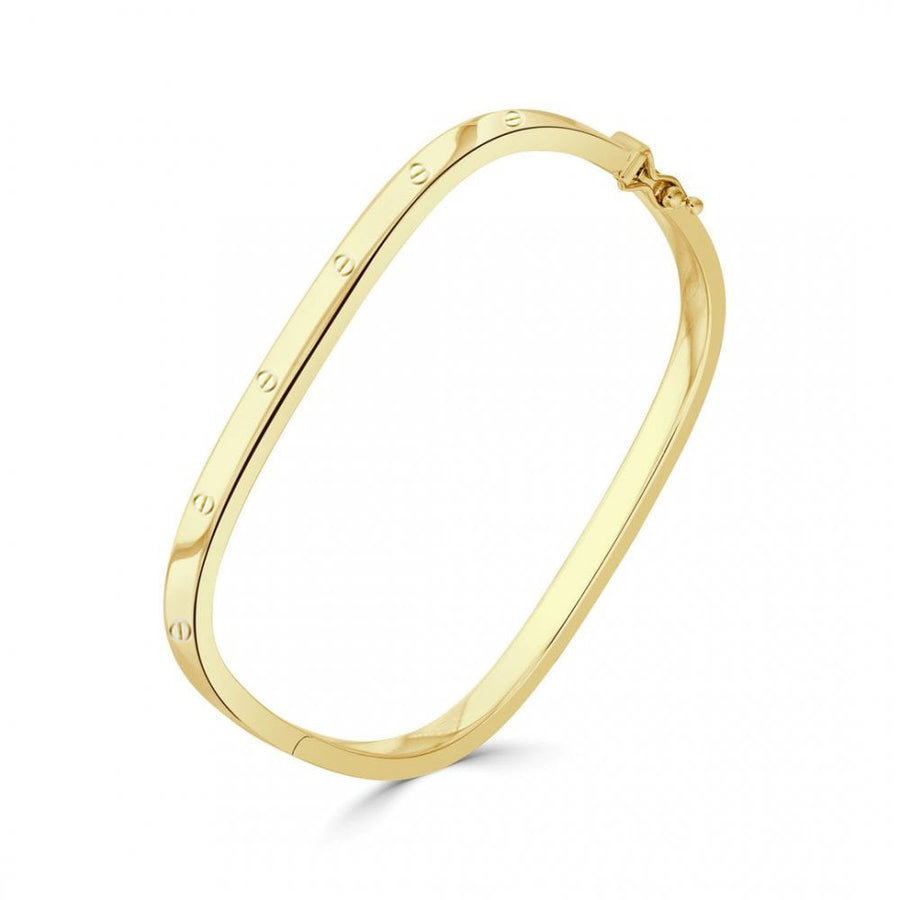 9k YG Flat Square Polished Screw Design Hinged Bangle 4mm. Inside Diameter 60x52mm