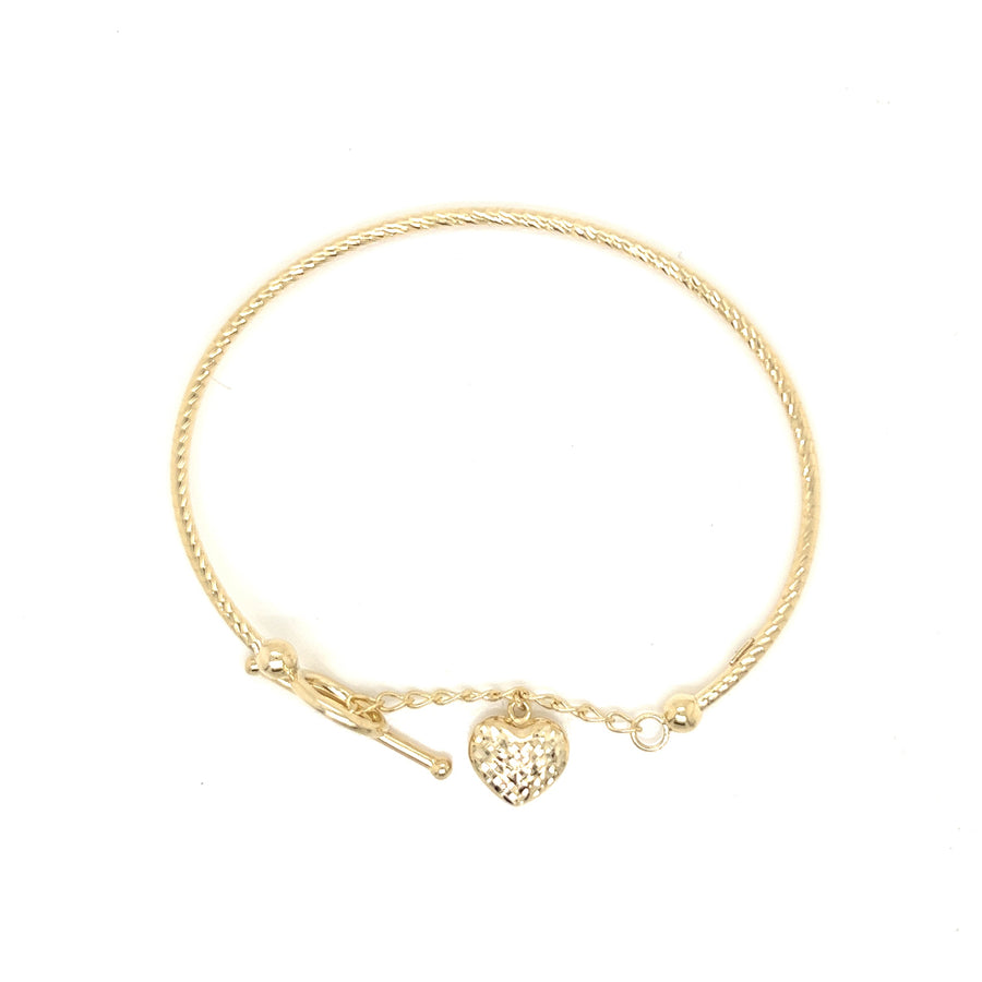 9k YG Twist Bangle 1.85mm with Heart Charm 10mm and FOB Link. 60x52mm