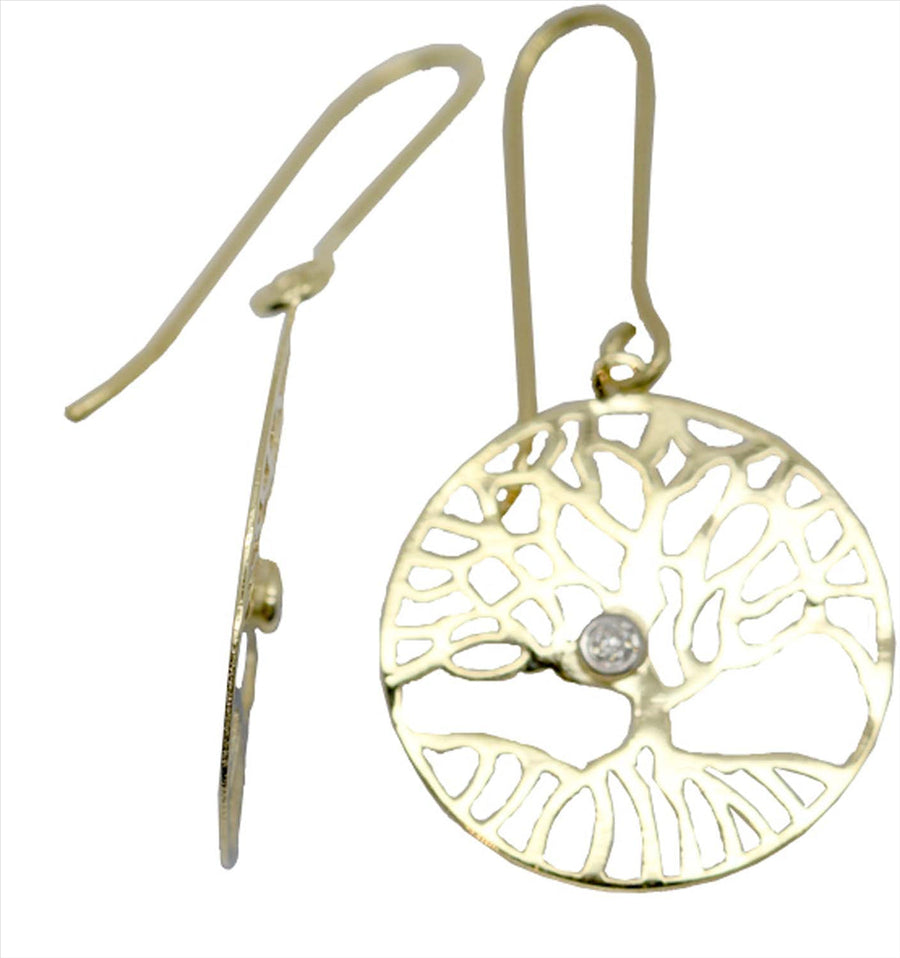 9k YG Diamond Tree of Life Shepherd Hook Earrings 2D=0.02ct Meas. 16mm