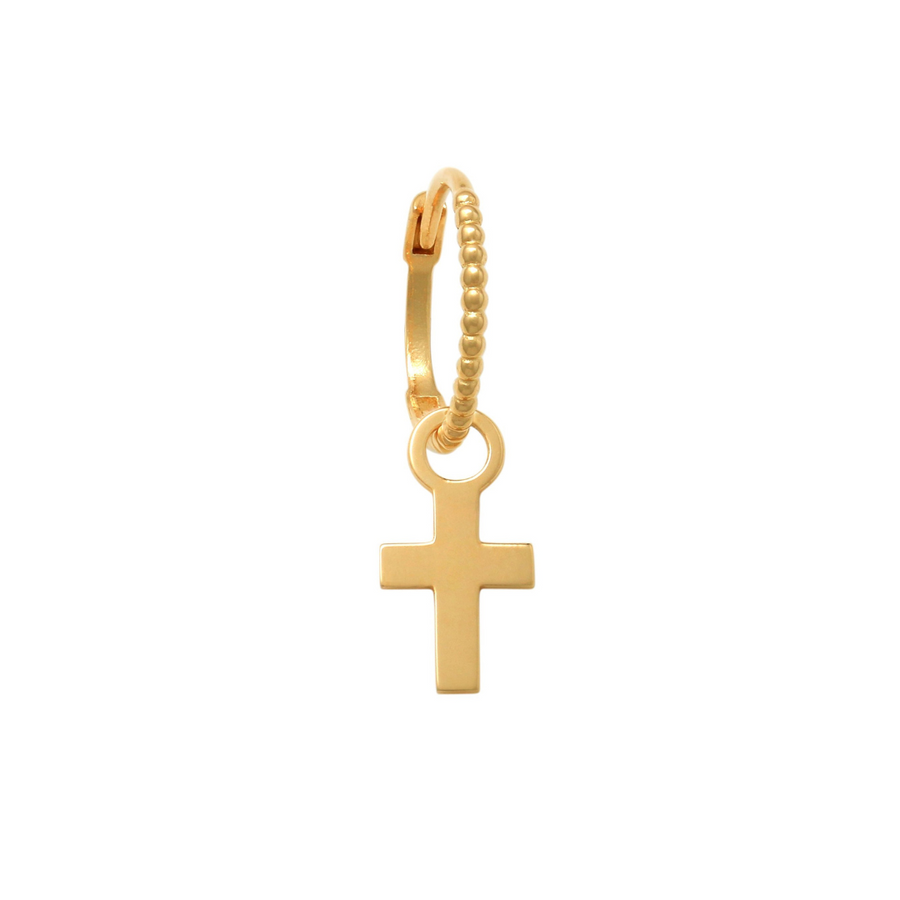 9k YG Drop Cross Round Huggie Earrings 9mm Diameter 8x6mm Cross Charm