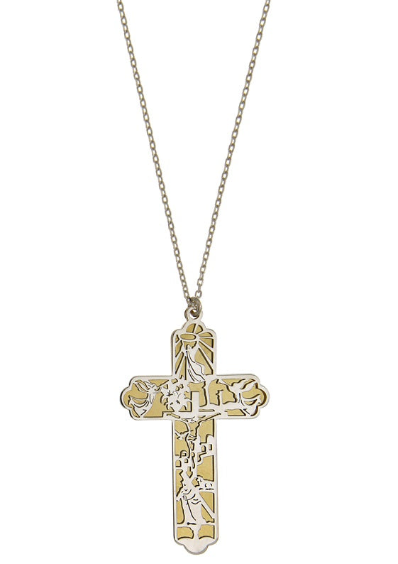 925 2T Laser Cut Fancy Double Cross with Plate on back  40 x 25mm with Chain