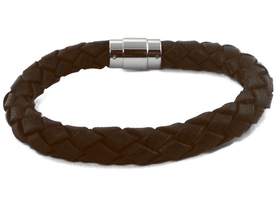 Stainless Steel Plaited Leather  Bracelet 10mm  Dark Brown  23cm & Gift Box.