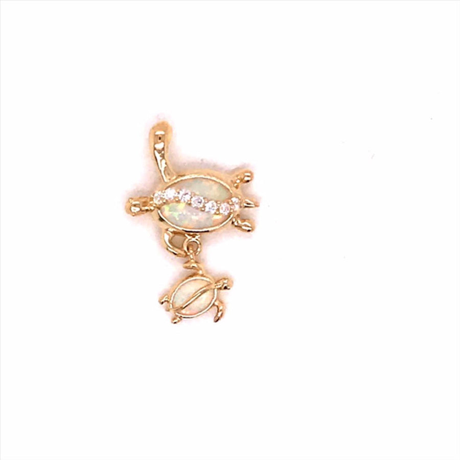 9k YG Turtle & Baby Turtle Pendant with Synethic Opal & CZs 13mm x 11mm
