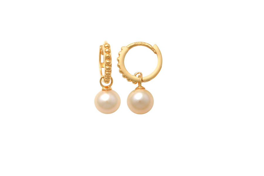 9k YG Drop Pearl Round Huggie Earrings 8mm Diameter 5.5mm Pearl