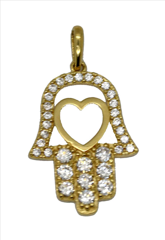 YG CZ Hand of Faith Pendant with Heart 18x13mm