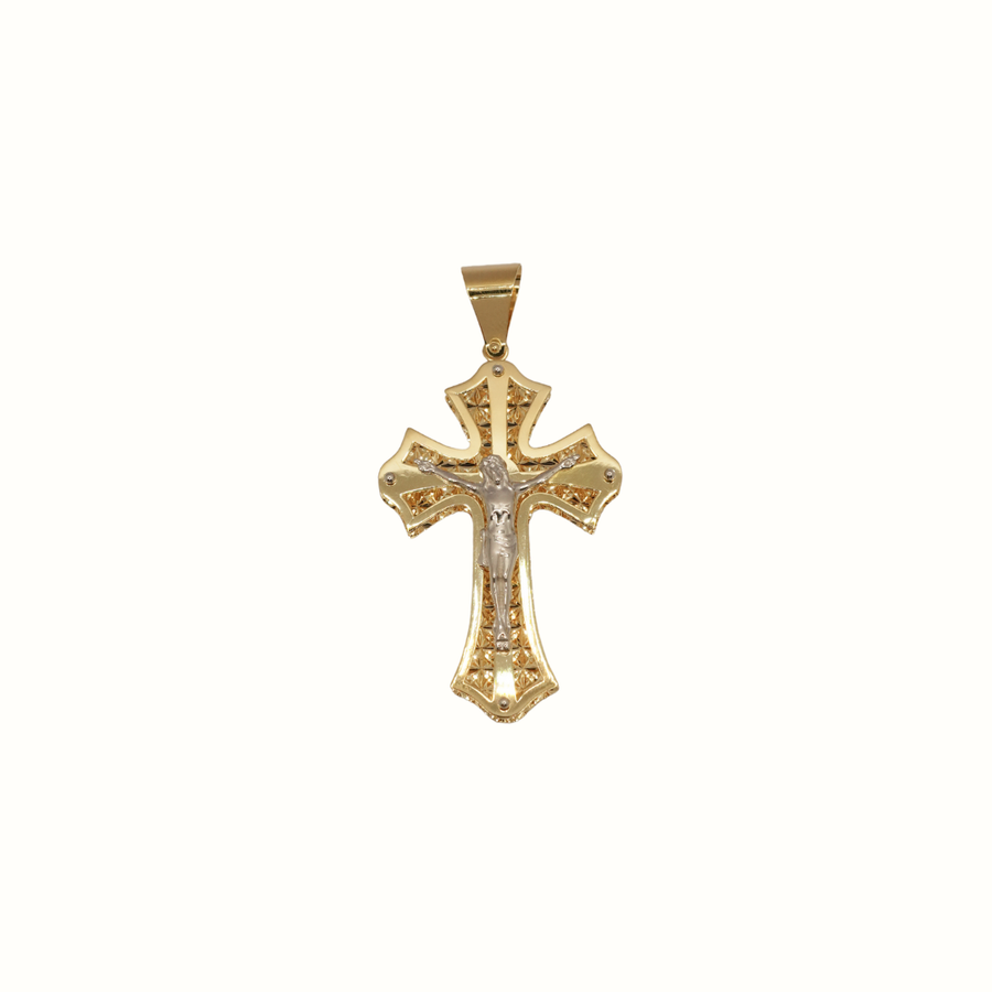 9k 2T Flared Crucifixion with Italian Diamond Cut Background 45x30mm