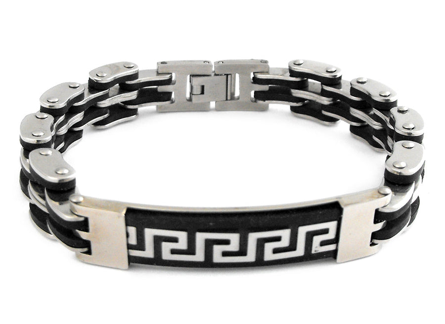 Stainless Steel Bracelet & Rubber Bracelet with a Greek Key Design in S/Steel & Rubber ID. 13mm wide.