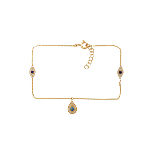 9k YG CZ, Sapphire & Enamel Evil Eye Charm Oval Link Bracelet 19cm