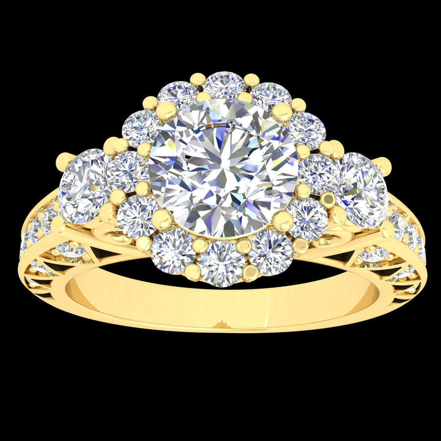 "Savannah" 9k YG 6mm (0.90ct) CZ Round Halo Ring with 2 CZs on either side of halo. Filigree under bezel with stones set on top and triangle illusion set on side of band. Size L