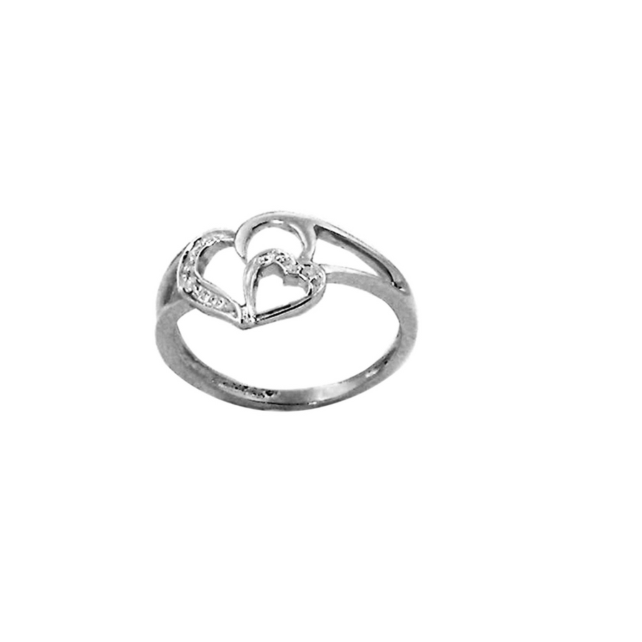 disc. 9k WG Diamond Ring  Double Heart Motif  4D = 0.03ct  Size M.