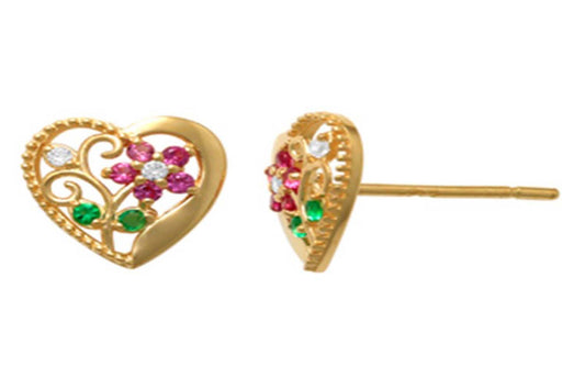 9k YG Coloured Flower Heart Studs 7.5x7.3mm