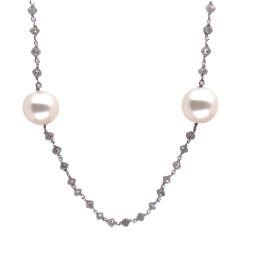 18k WG Natural Grey Diamond and Silver South Sea Pearl Chain 90cm. Gross weight approx 19.75g, 11-12mm Silver South Sea Pearl. Grey Diamond weight approx 26.0ct.