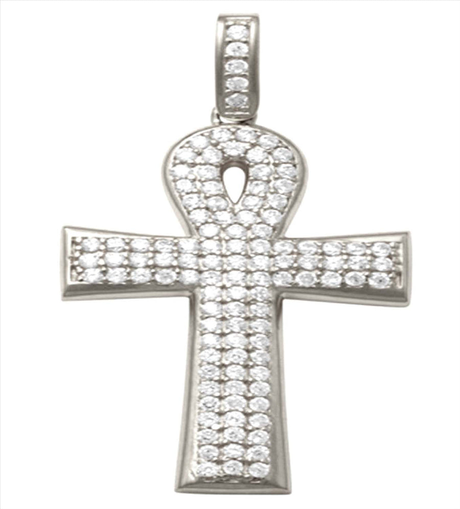 9k WG Solid CZ Flat Ankh Cross Pendant 25mm x 16mm