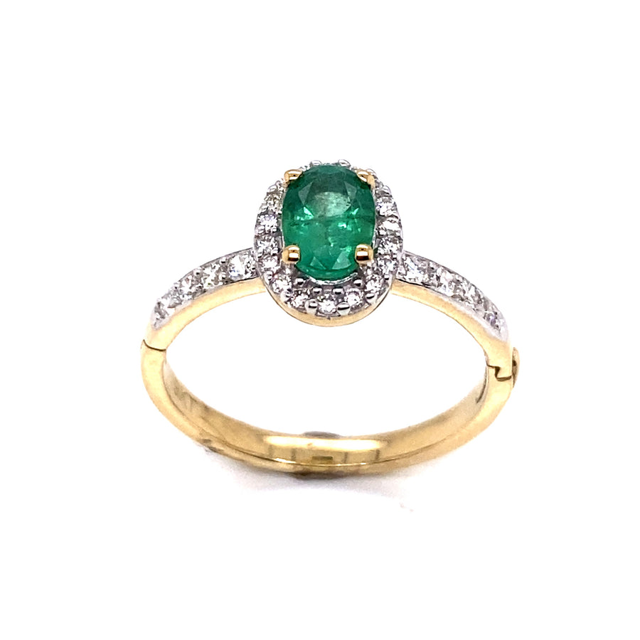 9k YG Created Emerald & Diamond dress Ring with WG Setting 1CE=.75ct & 28D=0.30ct Size P. WITH HINGE