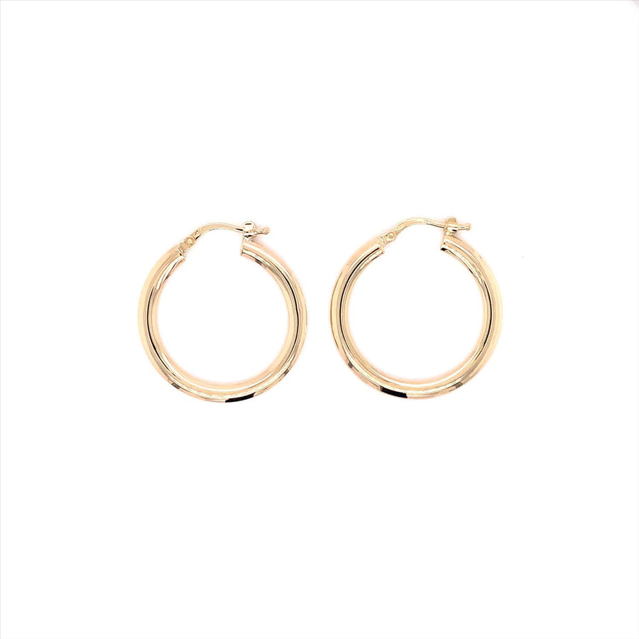 9k YG Round Hoop Earrings 20mm  Flat Tube Design 1.5mm Wide