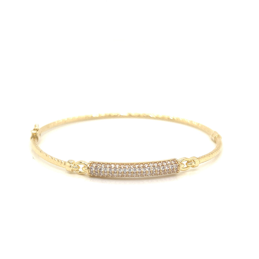 9k YG Twist Oval Hinged Bangle 2mm with CZ Bar. 60x52mm