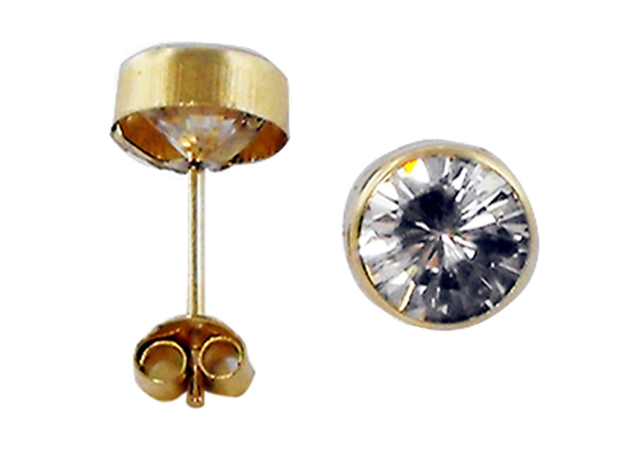 9k YG CZ Round-Cut Bezel Set Stud Earrings with Butterfly 5mm.