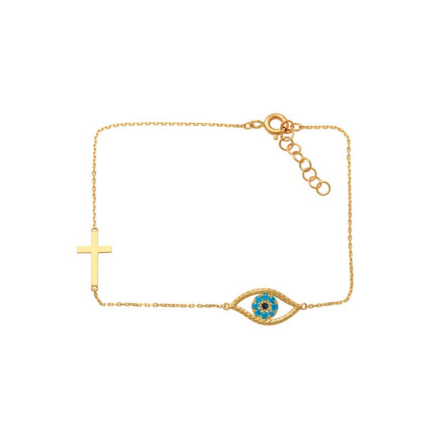 9k YG CZ Eye & Cross Pendant with Oval Links Bracelet 19cm Incl 2cm adjustable links