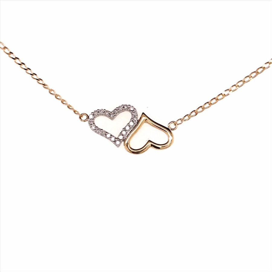 9k YG Double Heart Diamond Pendant 22D=0.09ct with Oval Link Chain 45cm O-Ring at 43cm & 44cm 1mm Wide . Meas. 9x15mm