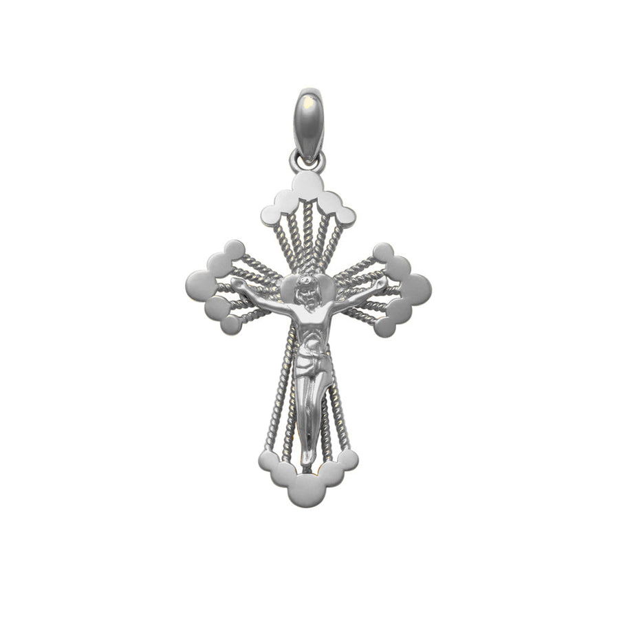 9k WG Solid WG Fancy Budded Crucifixion Pendant. 19x13mm