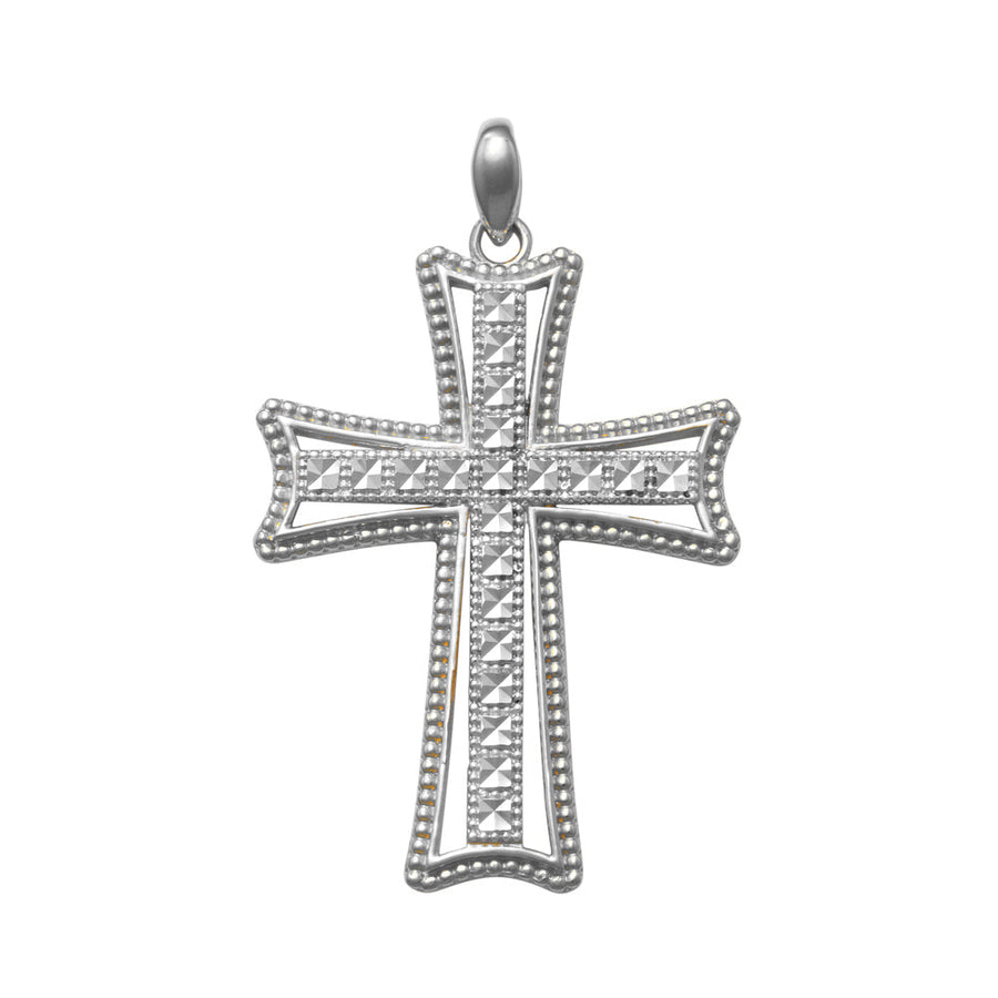 18k WG Solid Fancy Flared Cross Pendant Diamond Cut centre 30x20mm