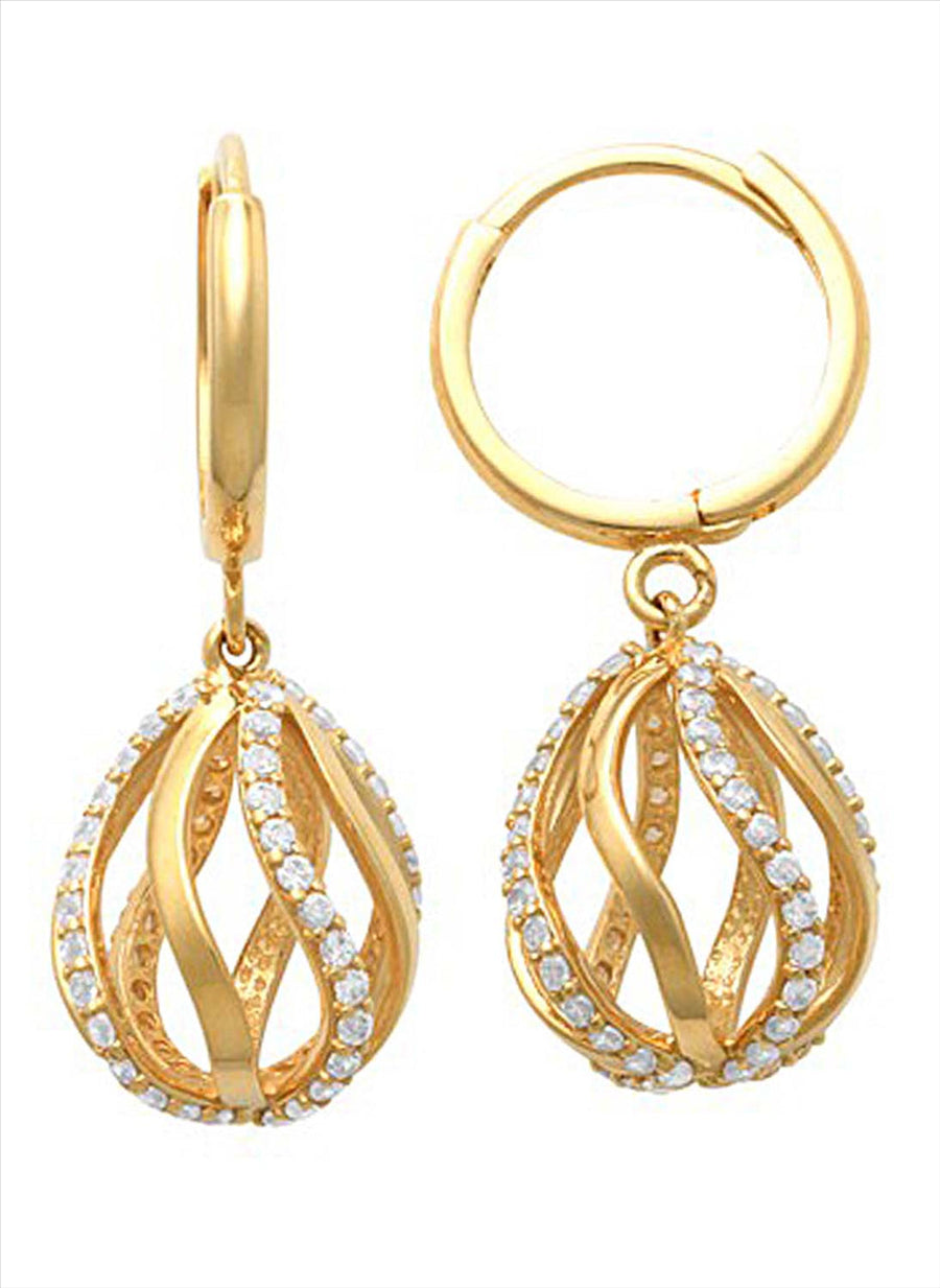 9k YG CZ Round Huggie Earrings 10mm Diameter. with Tear Drop Ball CZ 9mm 1.5mm Wide