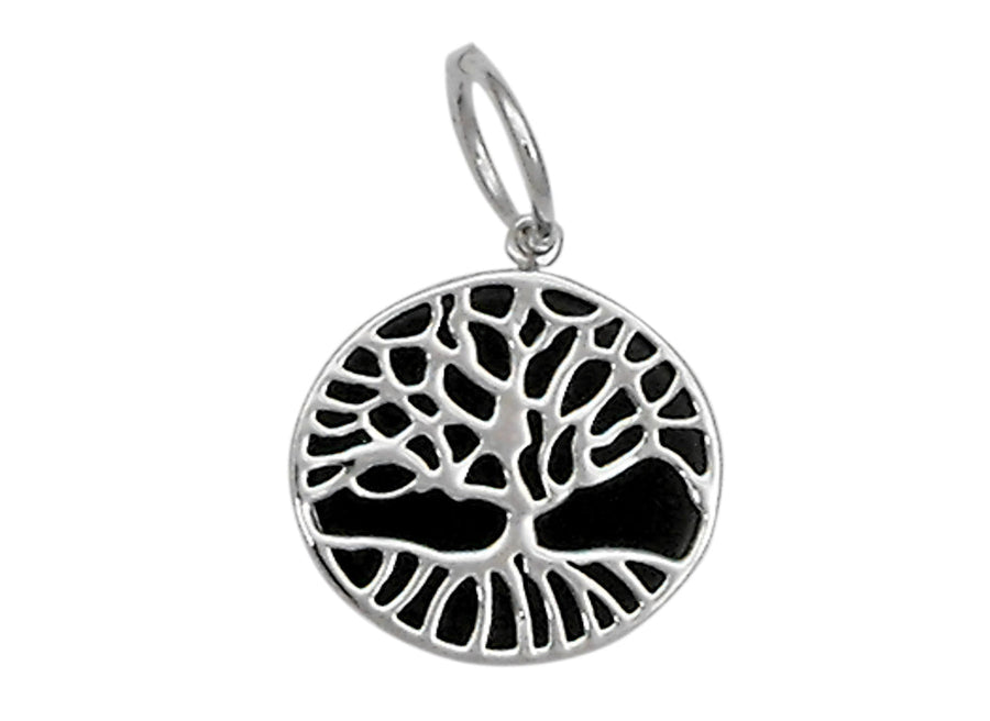 925 Tree of Life Pendant with Black Onyx  16mm. Rhodium plated