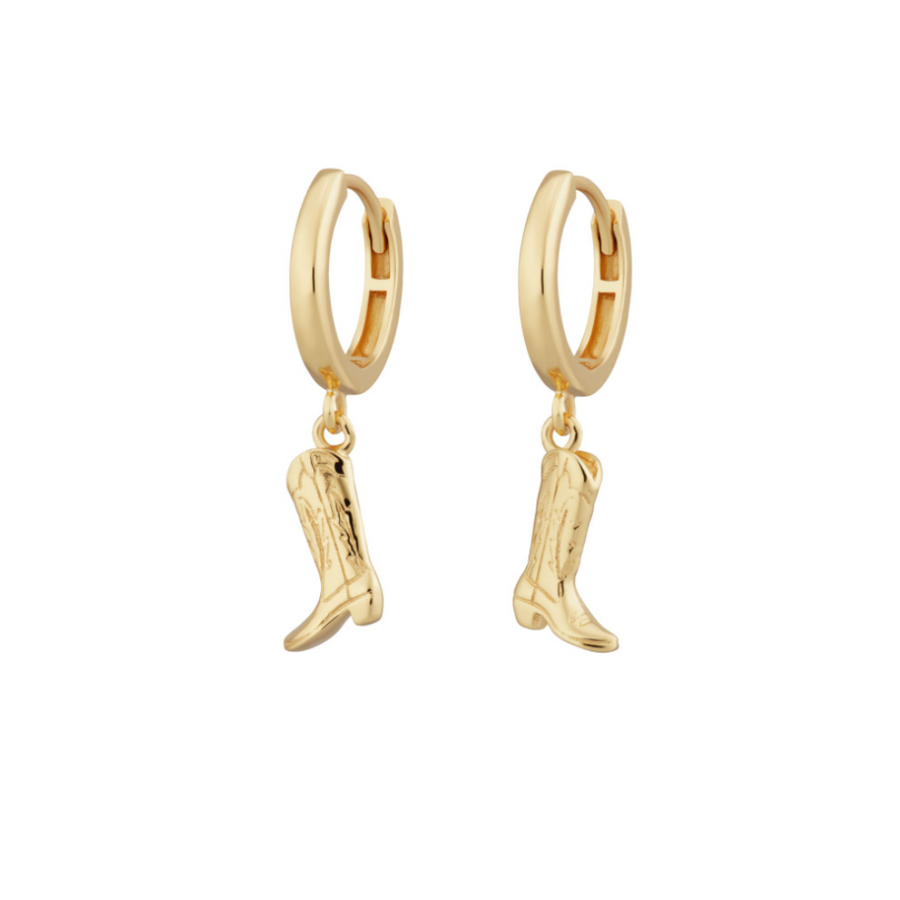 9k YG Drop Huggie Earrings 10mm Diameter, 2mm Wide, with Cowboy Boot Charms 9.5x6mm
