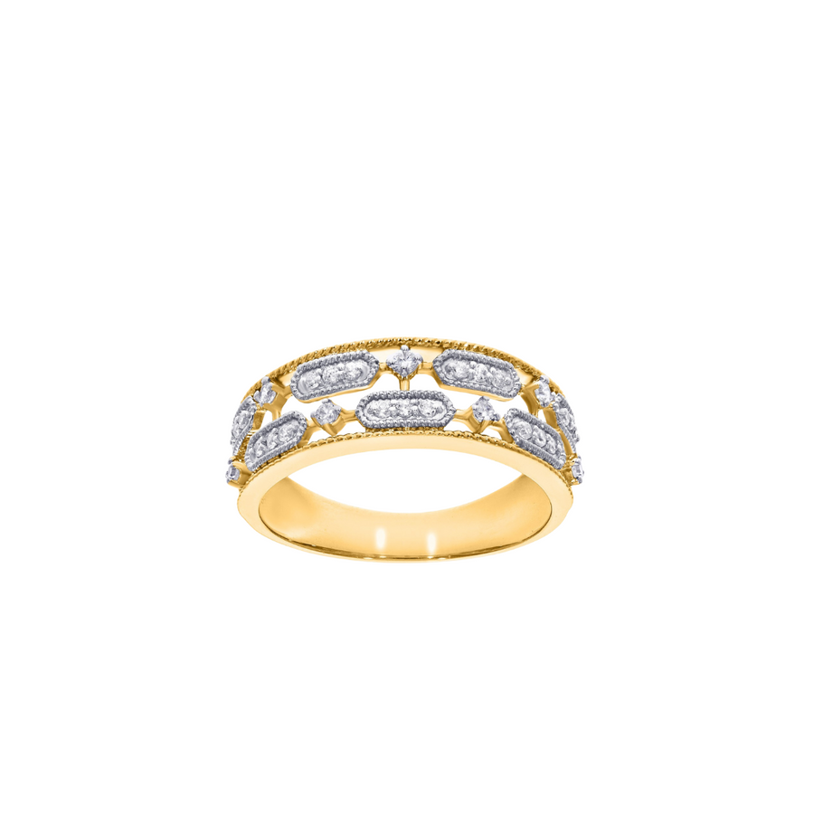 9k YG Diamond Filigree Ring 6.5mm wide, 28D = 0.23ct. Size M