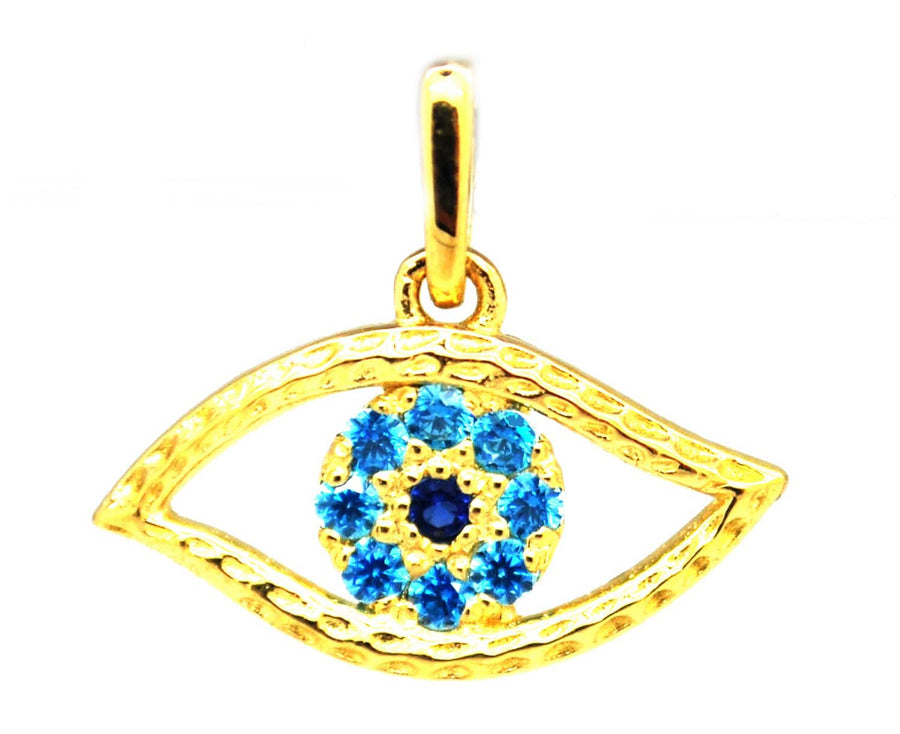 9k YG Solid Eye Pendant with blue CZs 7x15mm