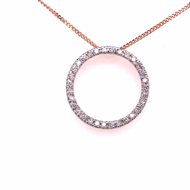 9k RG Diamond Circle Pendant 31D=0.31ct Claw Set . Meas. 19mm