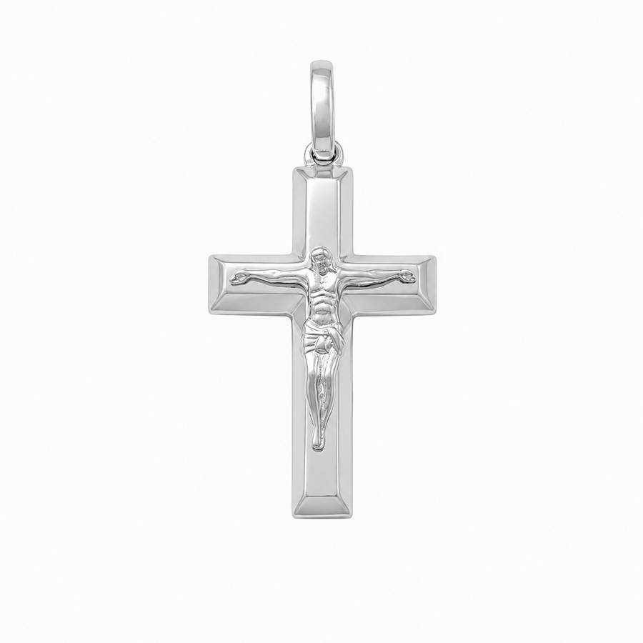 9k WG Solid Bevelled Edge Crucifixion Pendant 21mm x 13mm