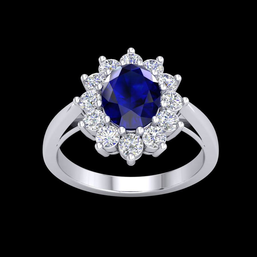 9k WG  Diamond & Sapphire Cluster Ring  12D = 0.55ct & Oval Natural Clarity Enhanced Sapphire 6x8m = 1.50ct  Size M.