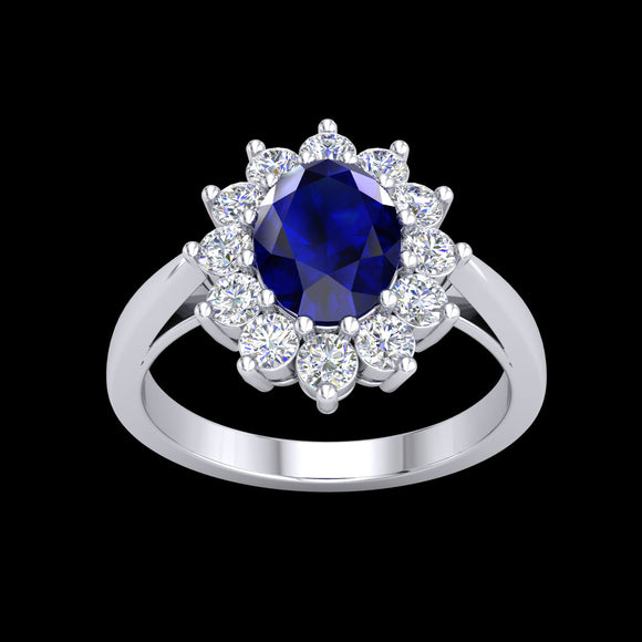 9k WG Diamond & Sapphire Cluster Ring 12D = 0.55ct & Natural Sapphire 6x8m = 1.50ct