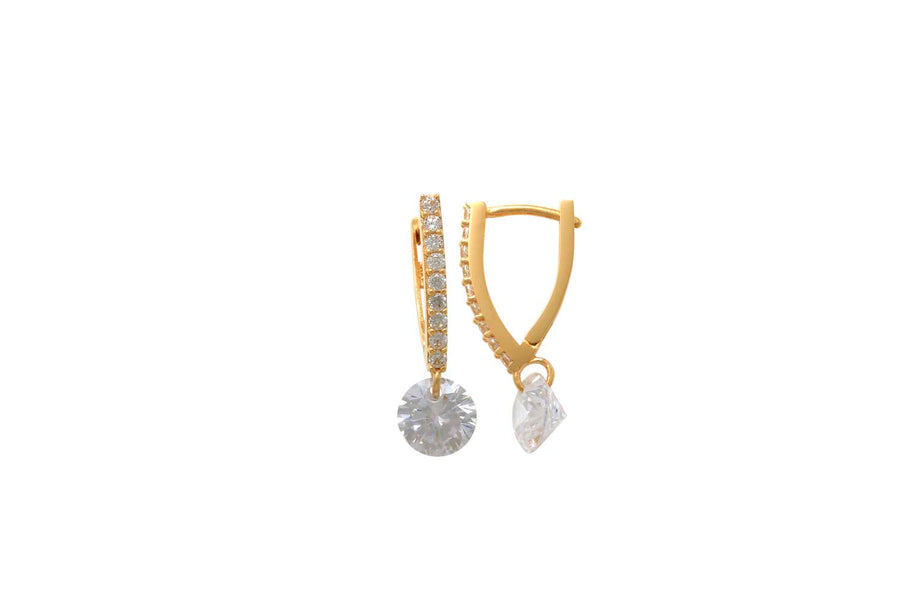 9k YG V-Shaped CZ Huggie Earrings 1.5mm wide with Drop CZ 6mm