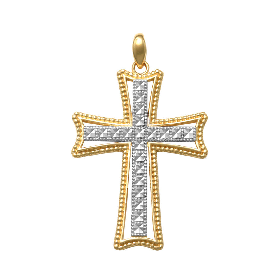 9k 2T Solid YG edged Flared Cross Pendant with WG Diamond Cut centre 30mm x 20mm