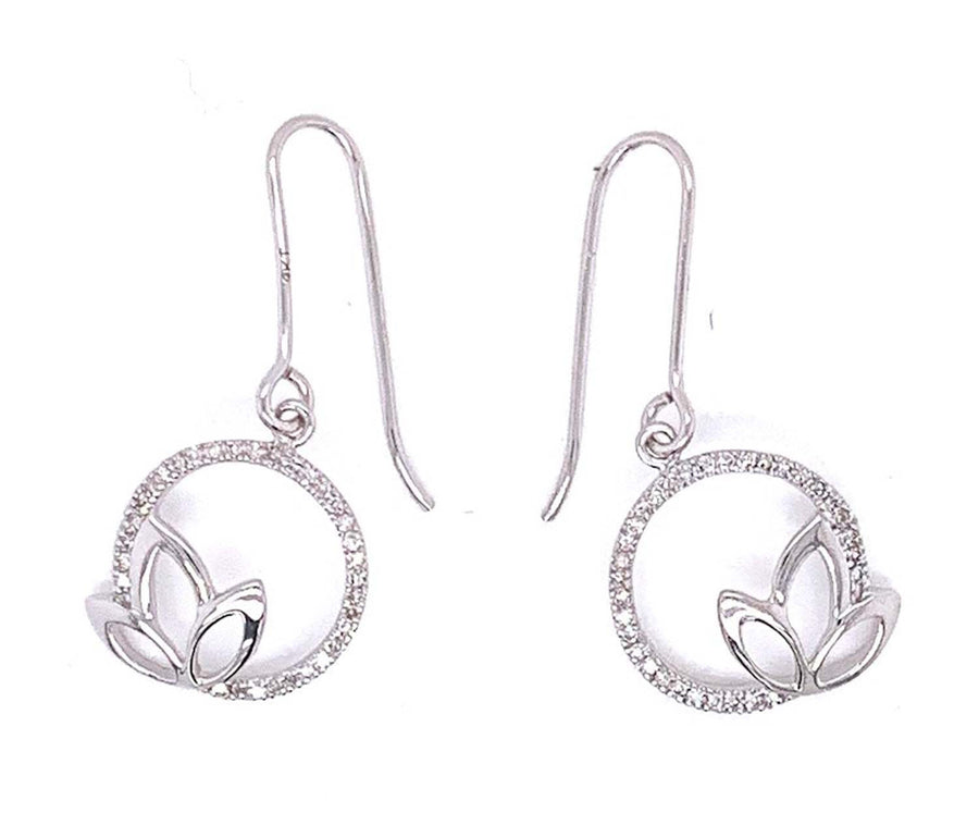 9k WG Diamond Leaf & Circle Shepherd Hook Earrings 64D=0.12ct Meas. 11mm