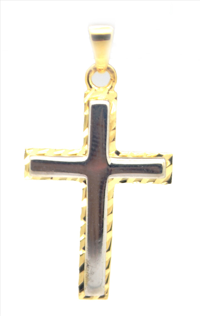 18k 2T Solid YG Fancy Edged Cross Pendant with WG Matt finish centre 20x11mm