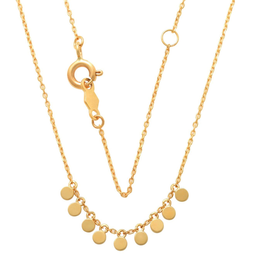 9k YG Drop Discs Pendant with Oval Link Chain 45cm with O-Ring at 42cm. 2.1mm discs