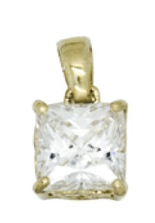 Disc. 9k YG Square Pendant 4 claw set with 1 CZ 6mm
