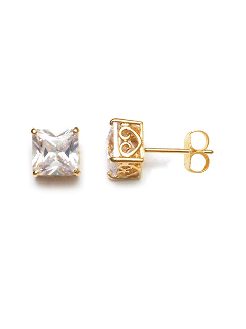 9k YG CZ 4 Claw Princess Cut Stud Earrings 3.5mm