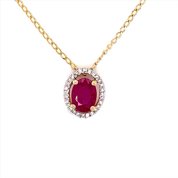 9k YG Oval Ruby & Diamond Pendant with Oval Link Chain 1mm wide