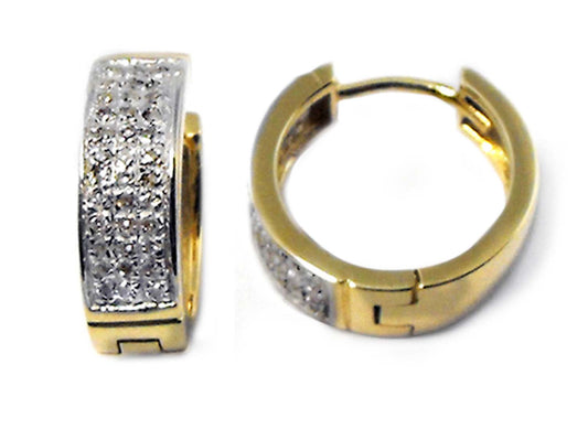 9k YG Diamond Round Huggie Earrings 11mm Diameter. 3 Row Micro set with 72D=0.25ct 5mm Wide