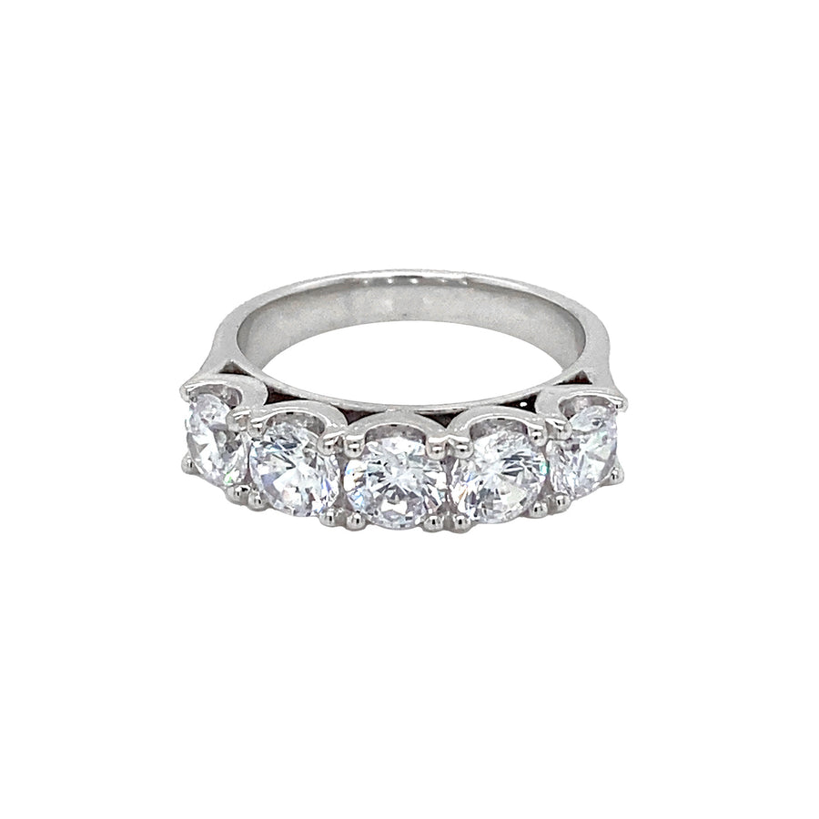 9k WG CZ Dress Ring with 5 brilliant cut CZ (5.3mm) set in 4 claws. Size P
